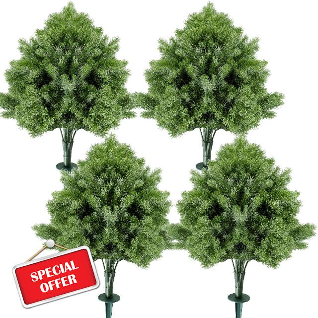 4 Pack Artificial Cedar Topiary Ball with Spike 24" Outdoor Christmas Pine Bush with Snow UV Resistant Winter Cypress Potted Evergreen Faux Shrub for Outdoor Garden Porch Yard Decor