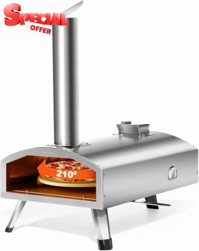 12” Portable Wood Fired Pizza Oven - Stainless Steel Pellet Pizza Stove with Rotating Stone for Outdoor Cooking