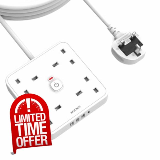 4M 4 Way Extension lead with USB Slots (3 USB-A