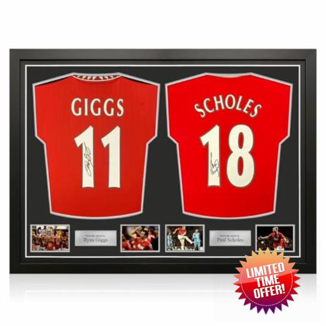 Ryan Giggs & Paul Scholes Signed Manchester United 2022-23 Soccer Jerseys. Dual Frame