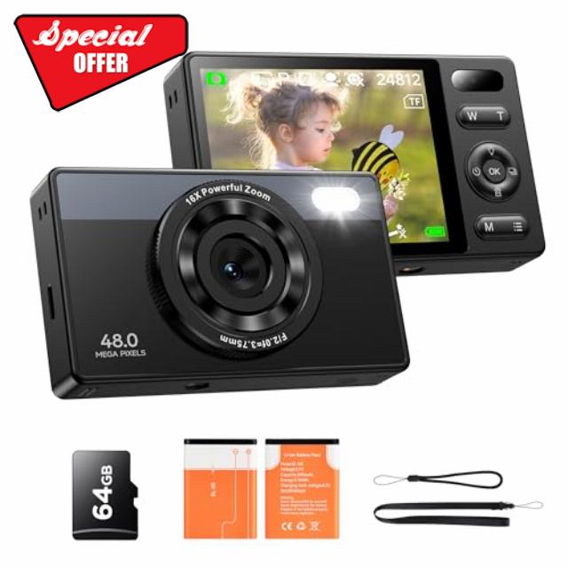 64GB Digital Camera for Kids: 48MP Anti-Shake Camera Photography Vlogging Camera for YouTube 16X Digital Zoom Photo Filtration Continuous Shooting Self-Timer Autofocus Compact Camera