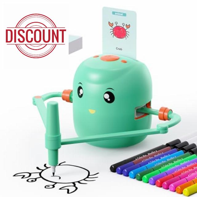 Smart Drawing Robot | Montessori Educational Toy for Kids 5+ with Voice Interaction | Includes 100 Learning Word Cards & 16 Color Pens(Green)