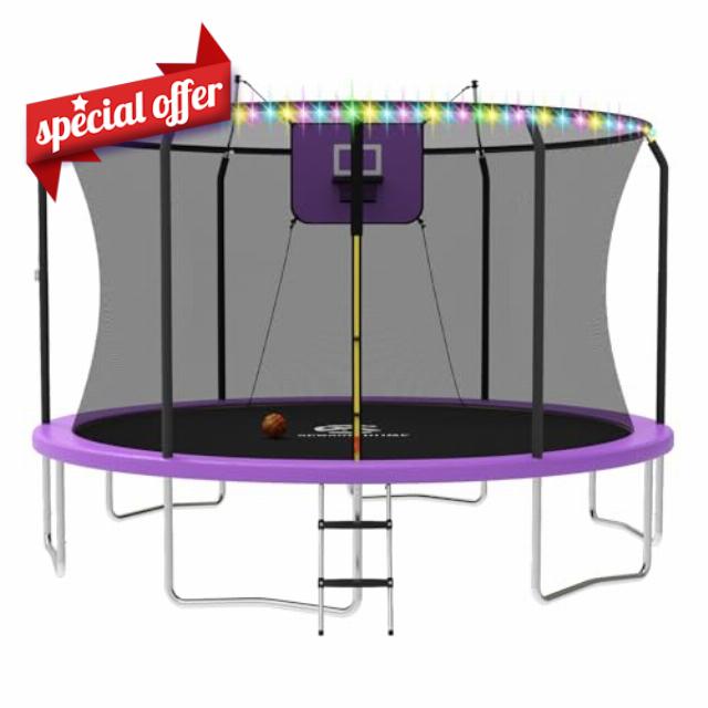 Trampoline 8FT 10FT 12FT 14FT Trampoline with Basketball Hoop and LED Lights Outdoor Trampoline for Kids and Adults Recreational Trampolines with Net and Ladder ASTM Approved