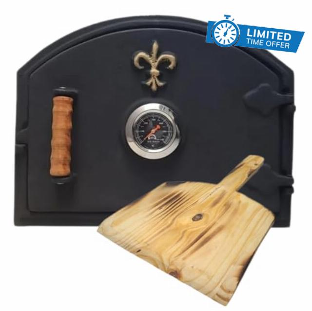Pizza Oven Door - With front pyrometer clock (Indoor & Outdoor) - Cast Iron or Steel (Design 3 – Cast Iron - Fleur)