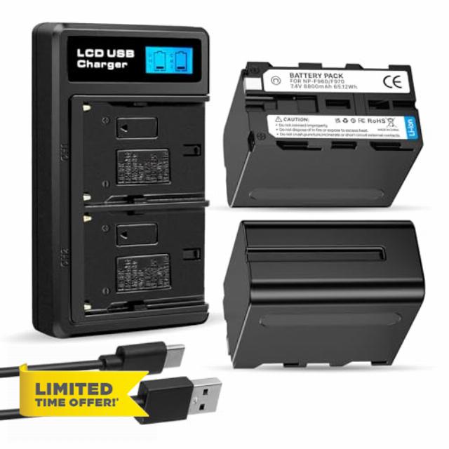 2 Pack 8800mAh Replacement Battery for Sony NP-F970 and USB Charger for Sony NP-F960 NP-F950 NP-F930 NP-F550 NP-F570 NP-F750 Batteries for Sony Handycams