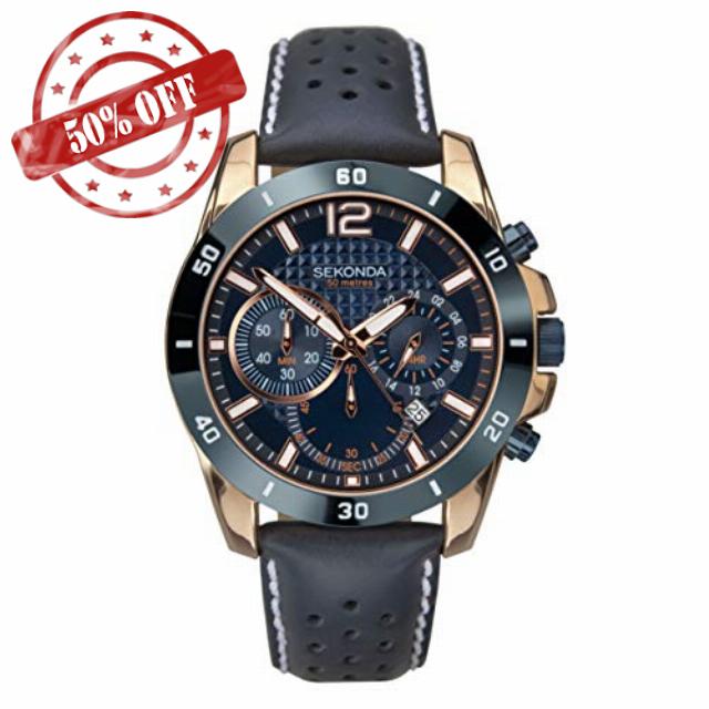 Sekonda Mens Solo 44mm Sport Chronograph Quartz Watch with Date Window 50m Water Resista