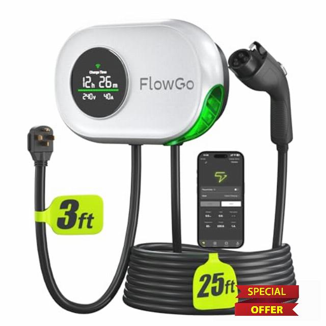 Level 2 EV Charger 40A Smart Electric Car Home Charger Motion-Activated Display 240V with NEMA 14-50 Plug J1772 Connector 25FT Cable APP and WiFi Vehicle Charging Stations ETL Listed