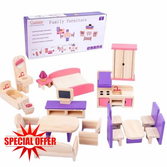 Wooden Dollhouse Furniture Set 15Pcs/Set Cute Mini Dollhouse Furniture Simulation Wooden Dollhouse Accessories Pretend Play Furniture Toys Gifts