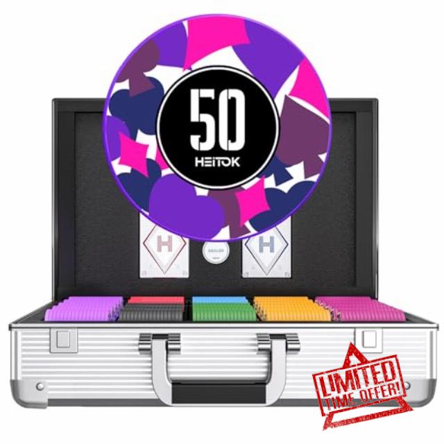 Poker Chips Set with Denominations 1000-Piece 11.5g Weighted Numbered Casino Chips 5 Dice 2 Decks of Cards Compact Aluminum Case for Texas Hold'em & Blackjack