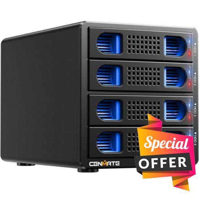 4 Bay Aluminum Hard Drive RAID Enclosure with Cooling Fan for 2.5“/3.5" SATA HDD/SSD with USB A/C 3.0+eSATA Cable
