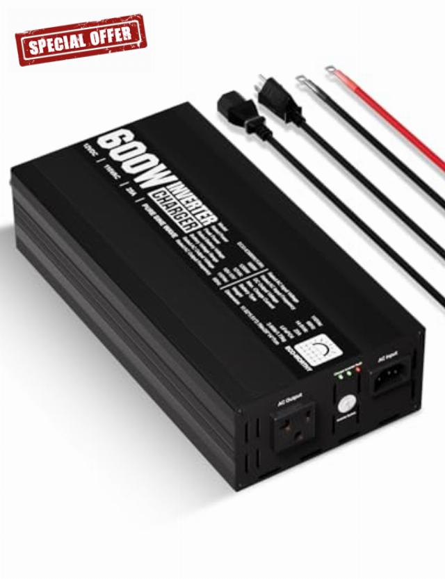 ECO-WORTHY Inverter Charger 25A Lifepo4 Battery Charger with 600W Inverter Pure Sine Wave 12V to 110V UPS for Deep-Cycle Batteries
