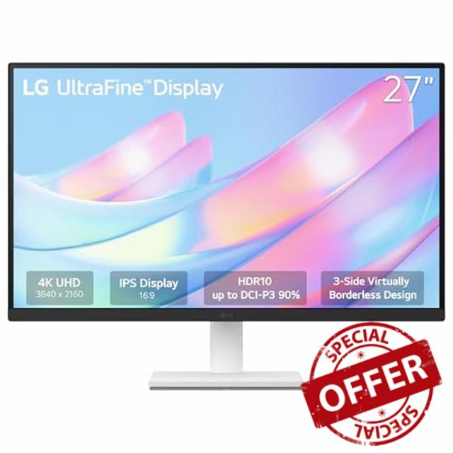 LG 27US500-W Ultrafine Monitor 27-Inch 4K UHD (3840x2160) HDR10 IPS Borderless Design Reader Mode Flicker Safe Switch App HDMI DisplayPort - White