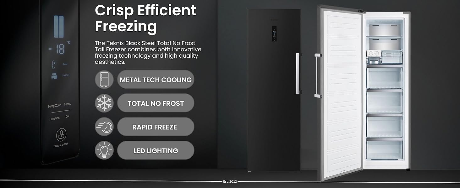 The Teknix Black Steel Freezer with Metal Tech Cooling and Total No Frost
