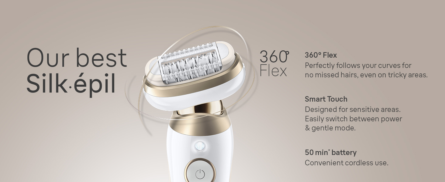 Epilator 360° Flex head for no missed hairs and Smart Touch button for sensitive areas.