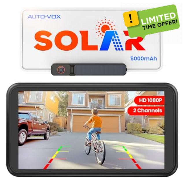 AUTO-VOX Solar Wireless Backup Camera with 5" 1080P Monitor: 5000mAh Battery 2 Mins DIY Installation & 2 Split Screen Back Up Camera