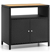 COSTWAY Rattan Garden Storage Cabinet, Patio Buffet Sideboard with Acacia Wood Countertop, Open S...