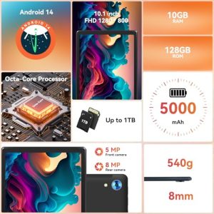 10.1" Android Tablet with Octa-core Processor 10GB RAM 128GB ROM HD IPS Touchscreen 8H Battery