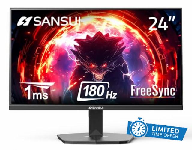 SANSUI 24 Inch Gaming Monitor 180Hz 1Ms FreeSync HDR 110% sRGB FHD 1080P Computer Monitor HDMI DP Ports Eye Care Frameless VESA Mount Cable Management(ES-G24F4L DP Cable Included)