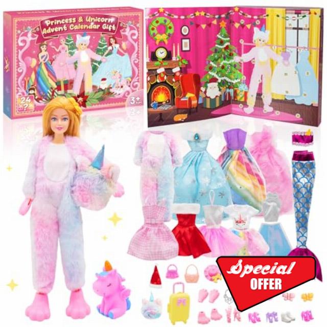 Advent Calendar 2024 with Doll Accessories Toys: 24 Days Countdown Christmas advent calendar Princess & Unicorn Doll Toys Dress Up Clothes Set for Kids Girls Christmas stocking fillers Christmas Gifts