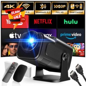 [Built-in App] Mini Projector 1920*1080P 4K Support Projector with Mouse Portable Projector with WiFi and Bluetooth 180° Adjustable Auto Keystone HDMI/TV Stick/USB/PS5/Laptop