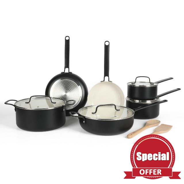 Martha Stewart Emmeline Premium Nonstick PFA Free Ceramic Interior 12 Piece Heavy Gauge Enamel Aluminum Pots and Pans Cookware Set -Black