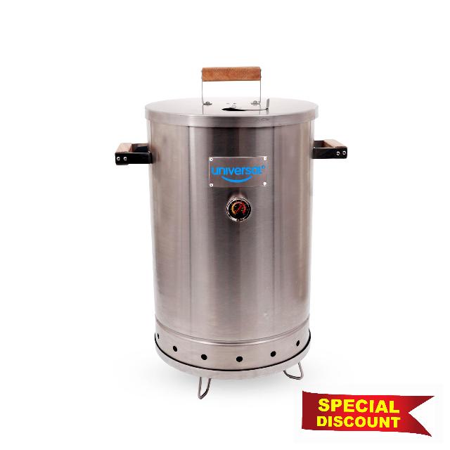 Universal 20-pound Stainless Steel (25-serving) Charcoal Barrel Smoker with Thermometer & Airlock system - 20.5"x 29.6" x ⌀15.5"