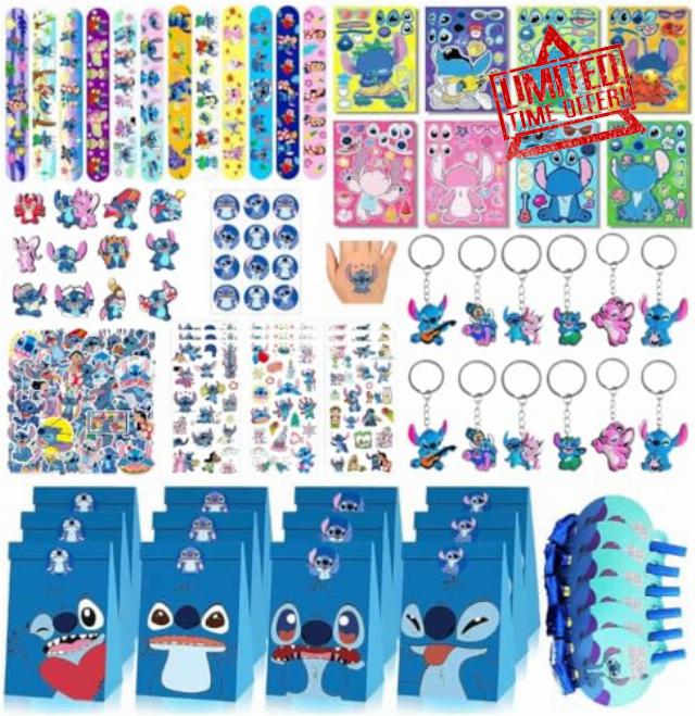 Stitch Party Bag Fillers for Kids 134 pcs Stitch Themed Birthday Party Supplies Include 12 Paper Gift Bag 50 Sticker 12 Bracelet 12 Keychain 12 Tattoos Temporary 12 DIY Sticker Perfect for Kids Party