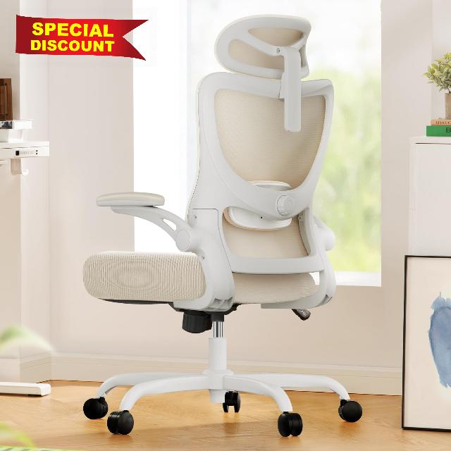 Marsail Ergonomic Office Chair: Office Computer Desk Chair with High Back Mesh and Adjustable Lumbar Support Rolling Work Swivel Task Chairs with Wheel 3D Armrests and Headrest (White)