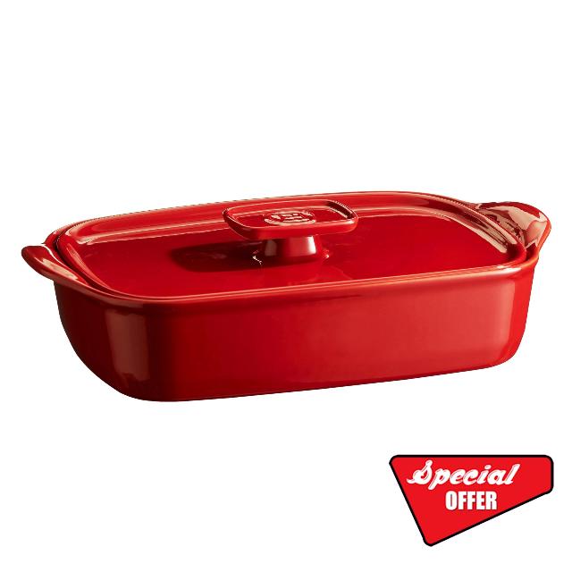 Emile Henry Made in France THE RIGHT DISH MEDIUM RECT. BAKING + LID 14.2 x 9.1|Burgundy