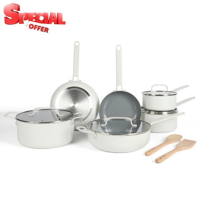 Martha Stewart Emmeline Premium Nonstick PFA Free Ceramic Interior 12 Piece Heavy Gauge Enamel Aluminum Pots and Pans Cookware Set - Linen White
