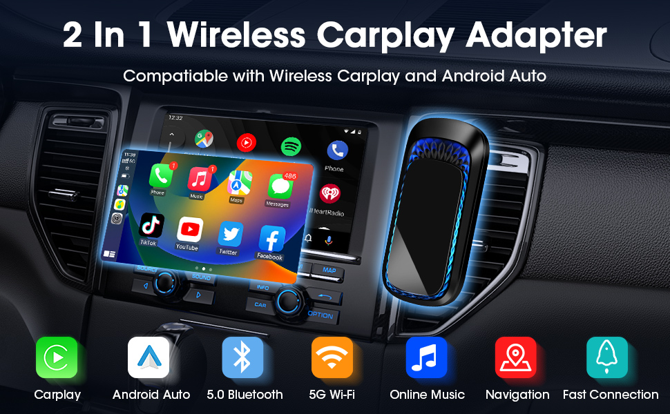 2 in 1 Carplay Wireless Adapter Android Auto Wireless Adapter, 5GHz Wifi Plug-und-Play