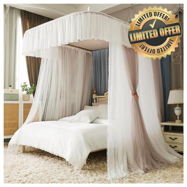 Mosquito Net Bed Frame Canopy Curtain with Double Layer for Bedroom Decoration - U-Shaped Rail Canopy Bed Frame Post Poles