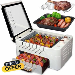 Indoor Smokeless Electric Grill for Kabob Skewers - XHJ Indoor Tabletop BBQ Grill Smokeless Auto 360° Rotating Rotisserie.Indoor Barbecue with Removable Grill Pan