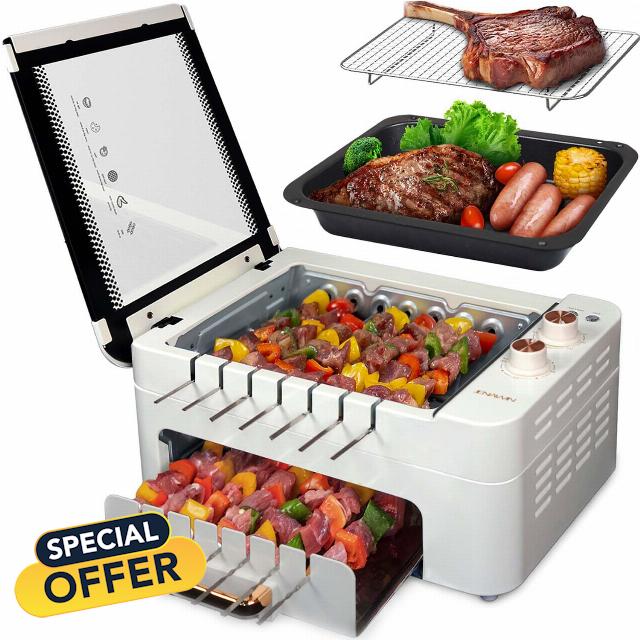 Indoor Smokeless Electric Grill for Kabob Skewers - XHJ Indoor Tabletop BBQ Grill Smokeless Auto 360° Rotating Rotisserie.Indoor Barbecue with Removable Grill Pan