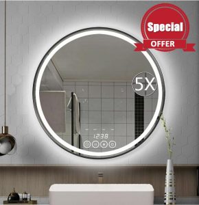 28 Inch Wall-Mounted Round Bathroom Mirror with LED-Lights - Frame Vanity Mirrors with Dimmable (28" x 28"