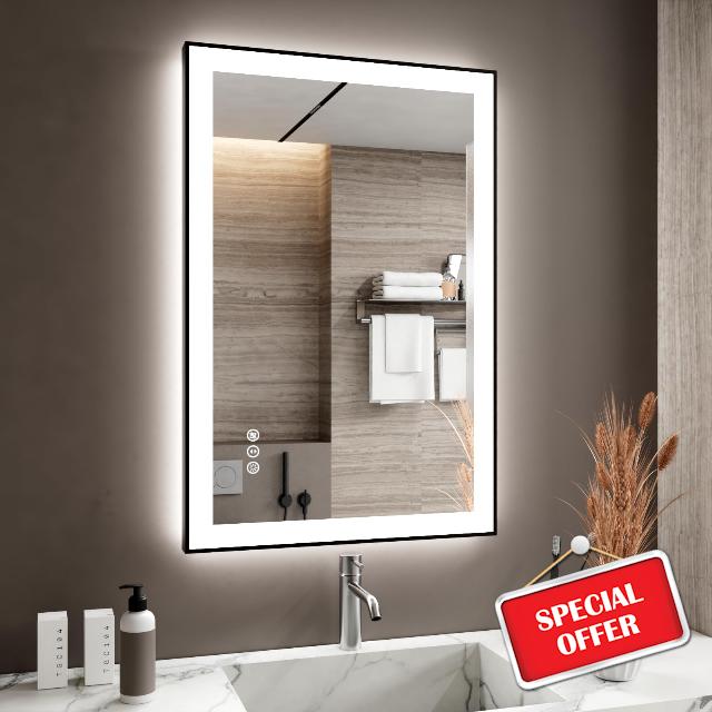 24x36 Inch LED Bathroom Mirror with Black Frame