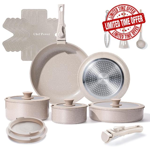 Ceramic Nonstick Pots and Pans Set 19 Piece with Detachable Handle