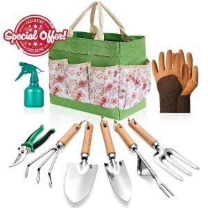 Gardening Tools of 9 Pieces | Stainless Steel Heavy-Duty Gardening Hand Tools with a Delicate and Durable Storage Bag and Anti-Slip Rubber Gloves | Garden Tools Make Ideal Gardening Gifts for Women