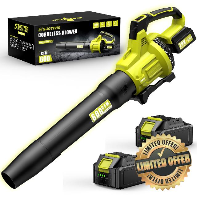Leaf Blower | 600 CFM & 160 MPH | Cordless | with 2 * 4.0 Ah Batteries Included | Electric Leaf Blower with 3-Speed Settings & Extension Nozzle | Ideal for Snow Blowing