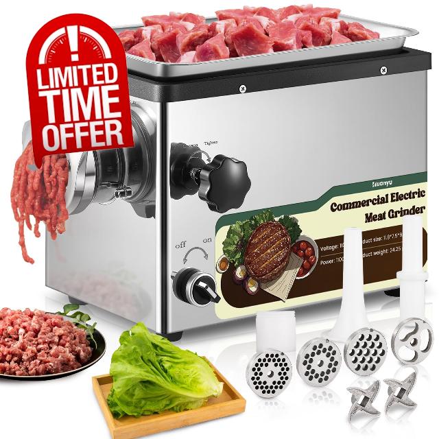 Huanyu Electric Meat Grinder 1100w Stainless Steel Meat Grinder Heavy Duty with 2 Blades 4 Plates Commercial Meat Grinder for Restaurants