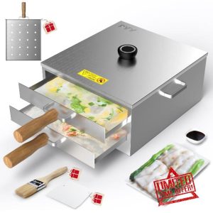 PYY Rice Noodle Roll Steamer Machine - 2 Layers 3 Trays Chinese Cantonese Cheung Fun Changfen Maker for Commercial and Home Use with Extra Stainless Steel Holed Steam Tray and Long Wooden Handle