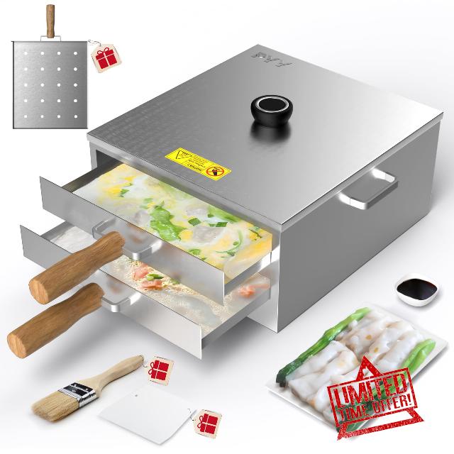 PYY Rice Noodle Roll Steamer Machine - 2 Layers 3 Trays Chinese Cantonese Cheung Fun Changfen Maker for Commercial and Home Use with Extra Stainless Steel Holed Steam Tray and Long Wooden Handle