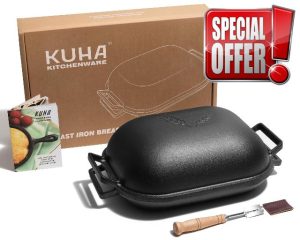 KUHA Cast Iron Bread Pan with Lid + Bread Lame - Black Heavy Duty Cast Iron Loaf Pan for Homemade Breadmaking - Pre-seasoned Bread Oven Cast Iron