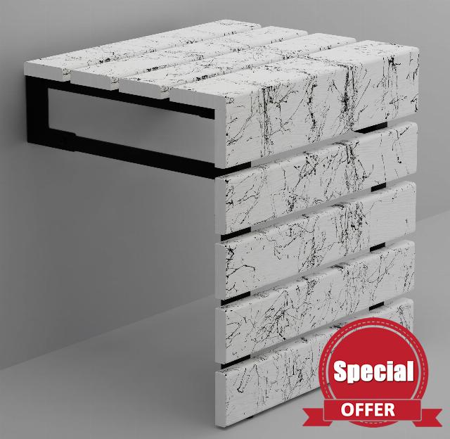 Folding Wall Mounted Handmade Patterned Teak Wood Shower Seat with Legs