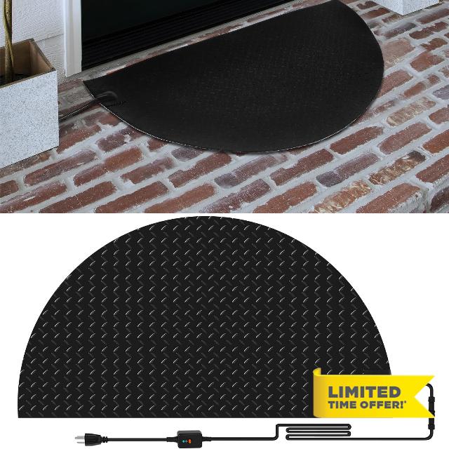 Riakrum Heated Snow Melting Mats 17 x 30 Inch Half Round Heated Outdoor Mats for Walkways Nonslip Rubber Electric Door Mat Outside Entrance with 9.84 ft Power Cord for Winter Decks Sidewalks Stairs