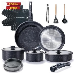 Ceramic Nonstick Cookware Set 19 Piece with Detachable Handle