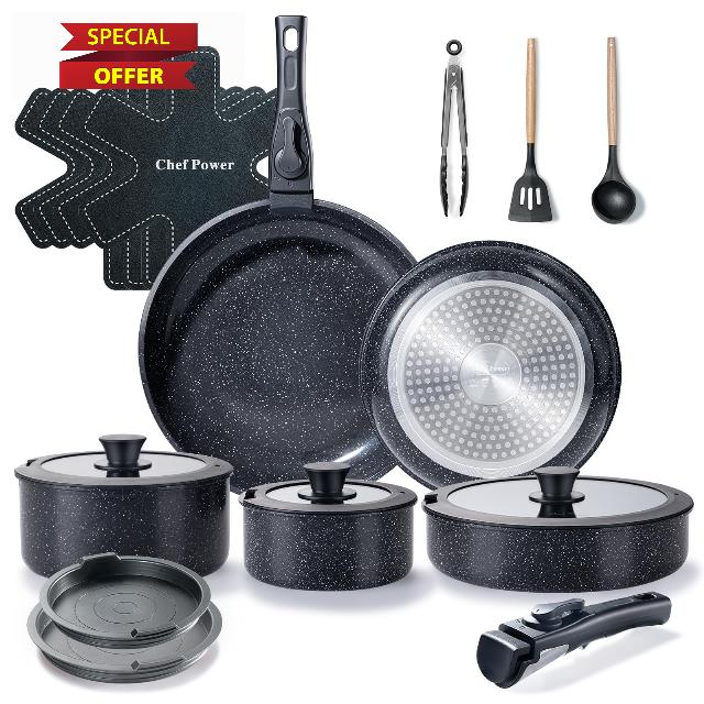 Ceramic Nonstick Cookware Set 19 Piece with Detachable Handle