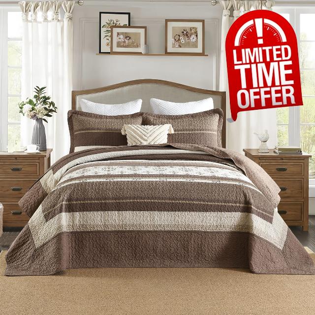 Quilta 100% Cotton Bedspread Oversized King Size for California King Bed - Brown Striped Quilt with Botanical Pattern Design