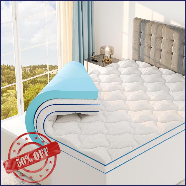 Sleep Lab Dual Layer 4 Inch Memory Foam Mattress Topper - Mattress Topper Queen - Cooling Mattress Topper for Back Pain - 2 Inch Cooling Gel Memory Foam + 2 Inch Cooling Effect Pillow Top