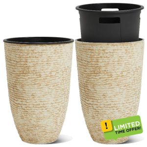 Worth Garden 2-Pack 21" H. Beige Tall Planters with Inside Pots - 14'' Dia Plastic Large Round Plant Tree Pots - Decorative Imitation Stone Finish for Indoor Outdoor Front Porch Container Patio